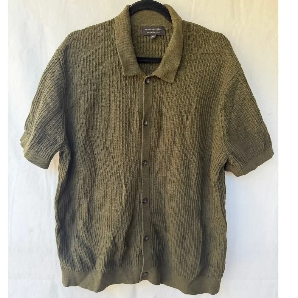 Banana Republic Men's Olive Green Ribbed Short Sleeve Button Up Sweater Shirt XL
